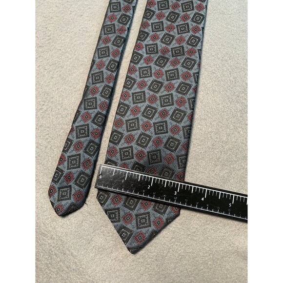Adams Row Polyester Blend Mens Tie Gray Red Geometric Pattern Made in USA - Picture 2 of 5